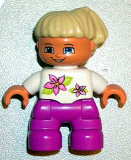 LEGO 47205pb010 Duplo Figure Lego Ville, Child Girl, Magenta Legs, White Top with Two Flowers, White Arms, Tan Hair